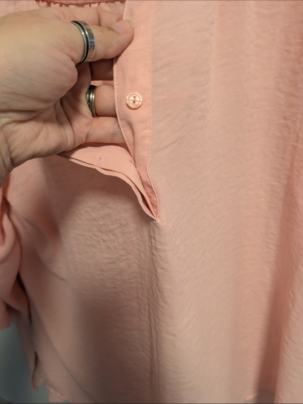 Sheer Split-Neck Tunic High Low Slouchy Textured Pink Flowy 3/4 Sleeves Hi Low - Picture 3 of 5